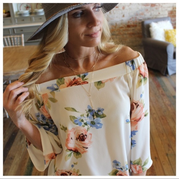 Ivory Floral Off the Shoulder Tunic - Picture 4 of 6